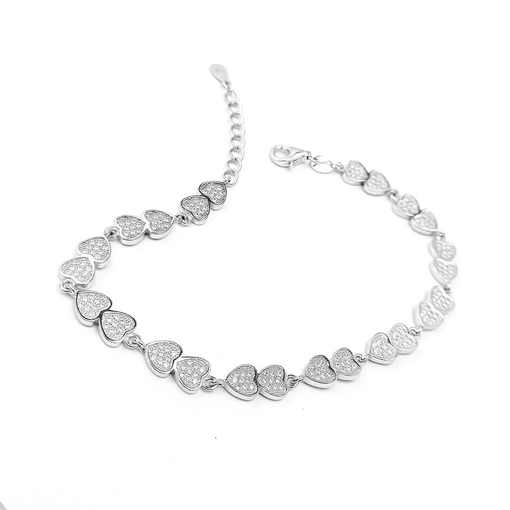 Pulsera de Plata .925 con  Baño de Rodio, 18cm de  Largo  y  Extensión de 3cm, Corazones Pequeños con Cristales Blancos — Imagen 2 de 3