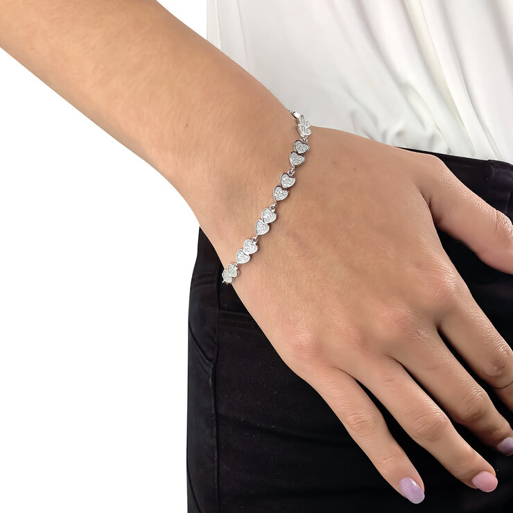 Pulsera de Plata .925 con  Baño de Rodio, 18cm de  Largo  y  Extensión de 3cm, Corazones Pequeños con Cristales Blancos — Imagen 3 de 3