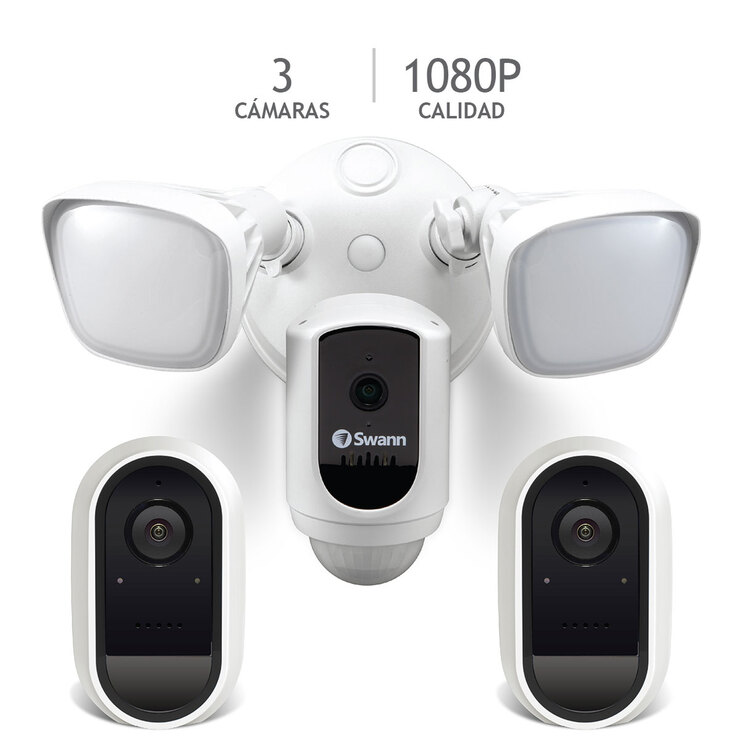 Swann, Sistema de Seguridad 1080p Bundle: 1 Cámara con luz de inundación + 2 Cámaras Blancas de Batería — Imagen 1 de 4