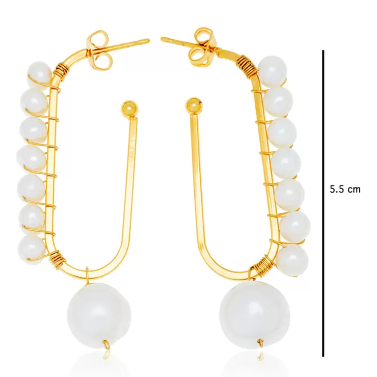 Ablime, Aretes Largos  en Forma de Clip, Baño de Oro, con Perla de Río — Imagen 2 de 4