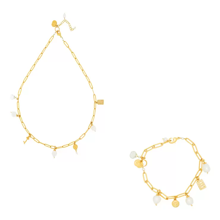 Ablime, Juego de Pulsera y Collar, Dijes Colgantes, Baño de Oro y con Perlas de Río — Imagen 1 de 4