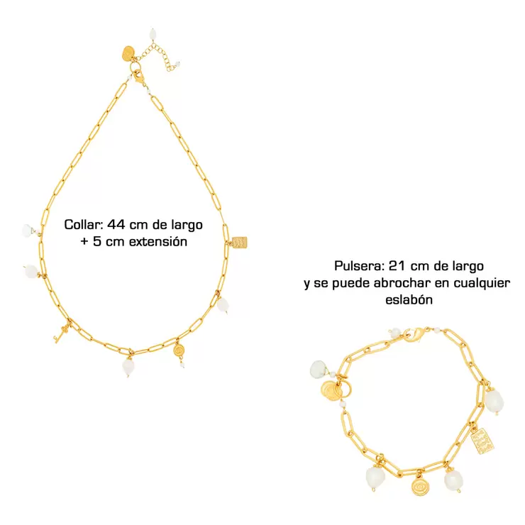 Ablime, Juego de Pulsera y Collar, Dijes Colgantes, Baño de Oro y con Perlas de Río — Imagen 2 de 4