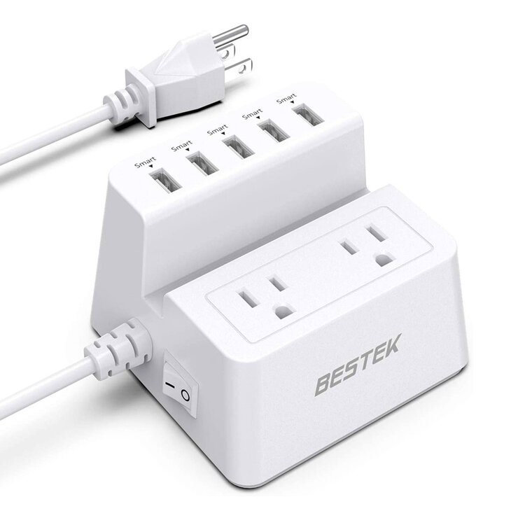 Bestek Supresor Multi-Contacto Tipo L Blanco, 2 AC, 5 USB, Con Protección 1700J — Imagen 1 de 4