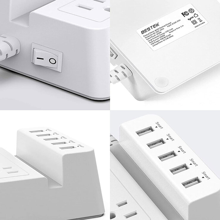 Bestek Supresor Multi-Contacto Tipo L Blanco, 2 AC, 5 USB, Con Protección 1700J — Imagen 2 de 4