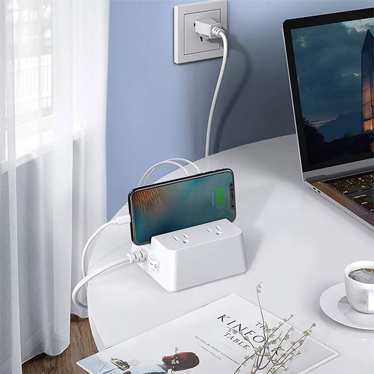 Bestek Supresor Multi-Contacto Tipo L Blanco, 2 AC, 5 USB, Con Protección 1700J — Imagen 3 de 4