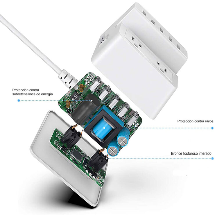 Bestek Supresor Multi-Contacto Tipo L Blanco, 2 AC, 5 USB, Con Protección 1700J — Imagen 4 de 4