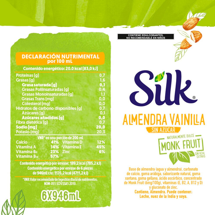 Silk Almendra Bebida de Almendra Sabor Vainilla Endulzada con Monkfruit 6 pzas de 946 ml — Imagen 2 de 2