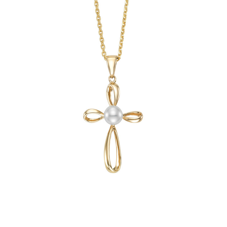 Collar con Dije de Cruz con Perla, Oro Amarillo de 14K — Imagen 1 de 4