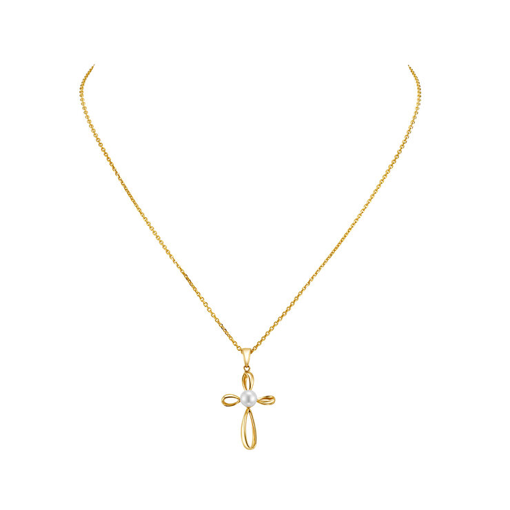 Collar con Dije de Cruz con Perla, Oro Amarillo de 14K — Imagen 3 de 4
