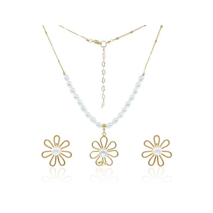 Mayfer, Juego de Aretes con Collar, Diseño de Margarita, Chapa de Oro  — Imagen 1 de 4