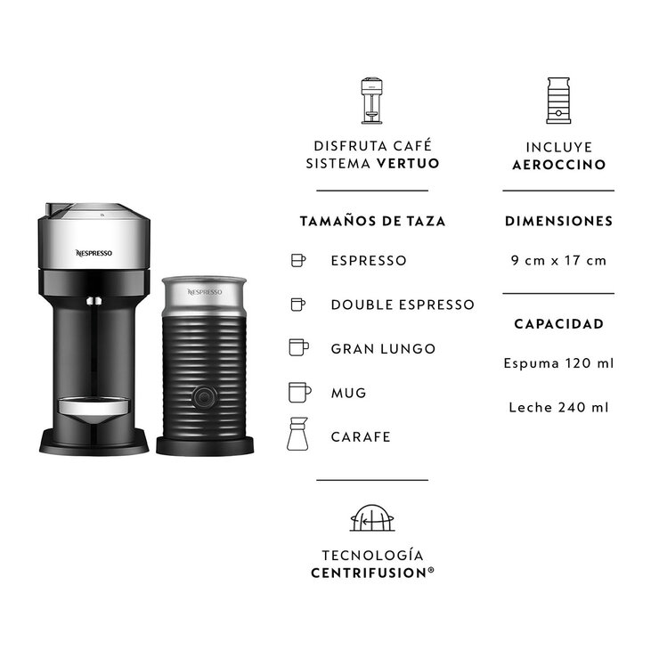 Nespresso, Cafetera Vertuo Next Pure Chrome + Aeroccino 3 con 32 cápsulas + 30 de regalo con el QR — Imagen 4 de 4