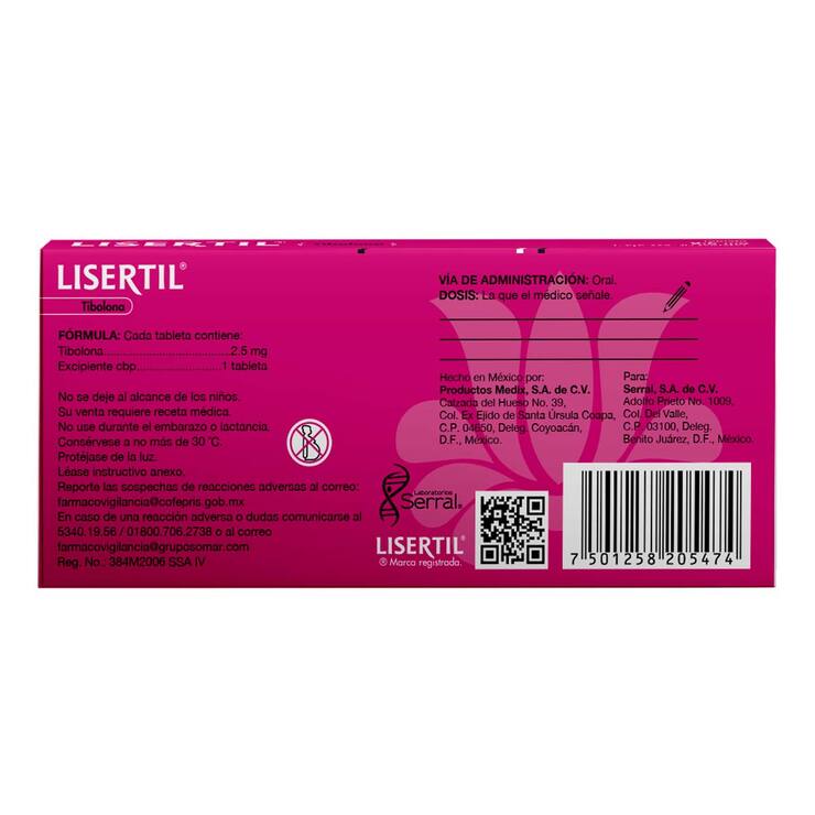 Lisertil Tibolona 2.5mg  30 Tabletas — Imagen 2 de 2