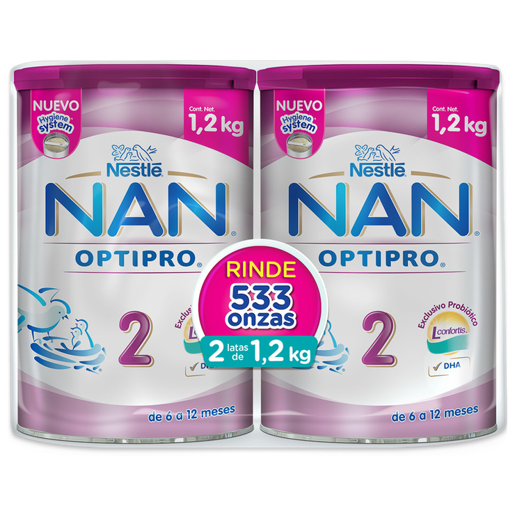 Nestle NAN Optipro 2 fórmula para bebé 2 pzas de 1.2 kg