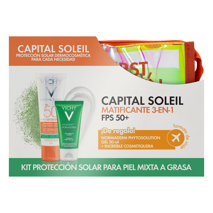 Kit Protección Solar Capital Soleil Matificante 3 en 1 FPS 50+ y Normaderm Gel Purificante 50 ml  — Imagen 1 de 3