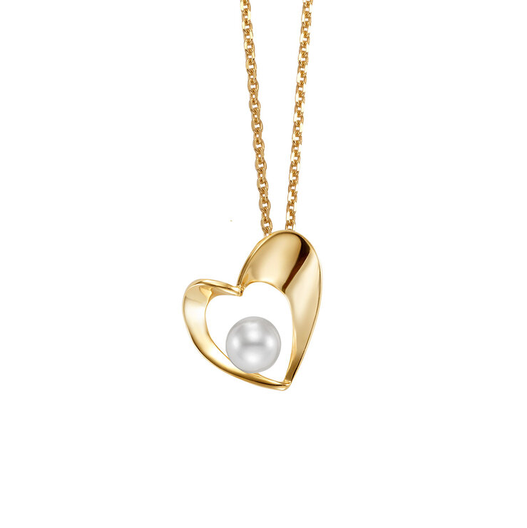 Dije de Perla en Corazon con Cadena, 5-5.5mm, Oro Amarillo de 14K — Imagen 1 de 4
