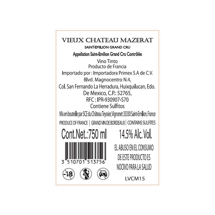 Vino Tinto Vieux Château Mazerat 2015 750ml — Imagen 2 de 3