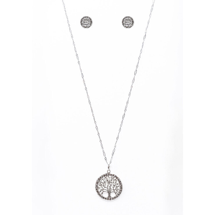 Juego de Plata .925  de Cadena con Dije Árbol de la Vida  y Aretes con Figura  de Árbol de la Vida, con Cistal Color Blanco  — Imagen 1 de 3