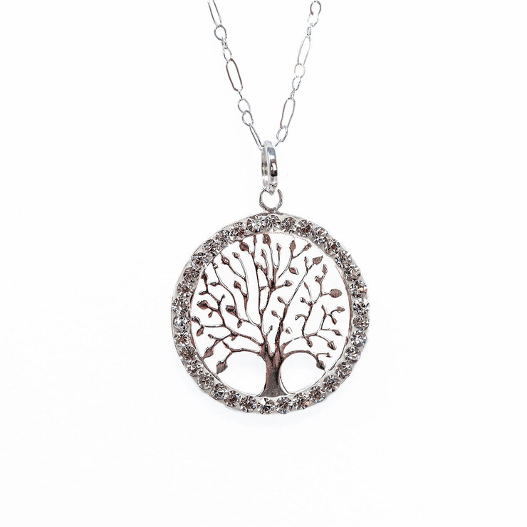 Juego de Plata .925  de Cadena con Dije Árbol de la Vida  y Aretes con Figura  de Árbol de la Vida, con Cistal Color Blanco  — Imagen 2 de 3