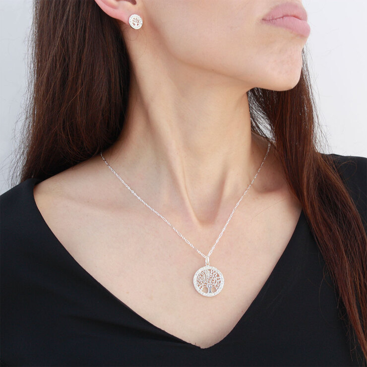 Juego de Plata .925  de Cadena con Dije Árbol de la Vida  y Aretes con Figura  de Árbol de la Vida, con Cistal Color Blanco  — Imagen 3 de 3