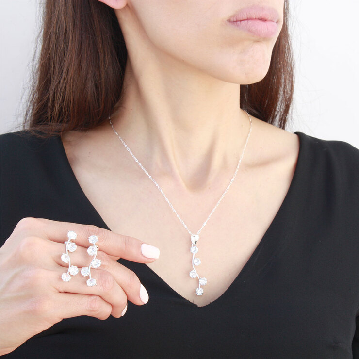 Juego de  Plata .925 con Cadena  con Dije en Fomar De Raíz y Aretes con Figura de Ramas con Cristal Blanco — Imagen 2 de 4