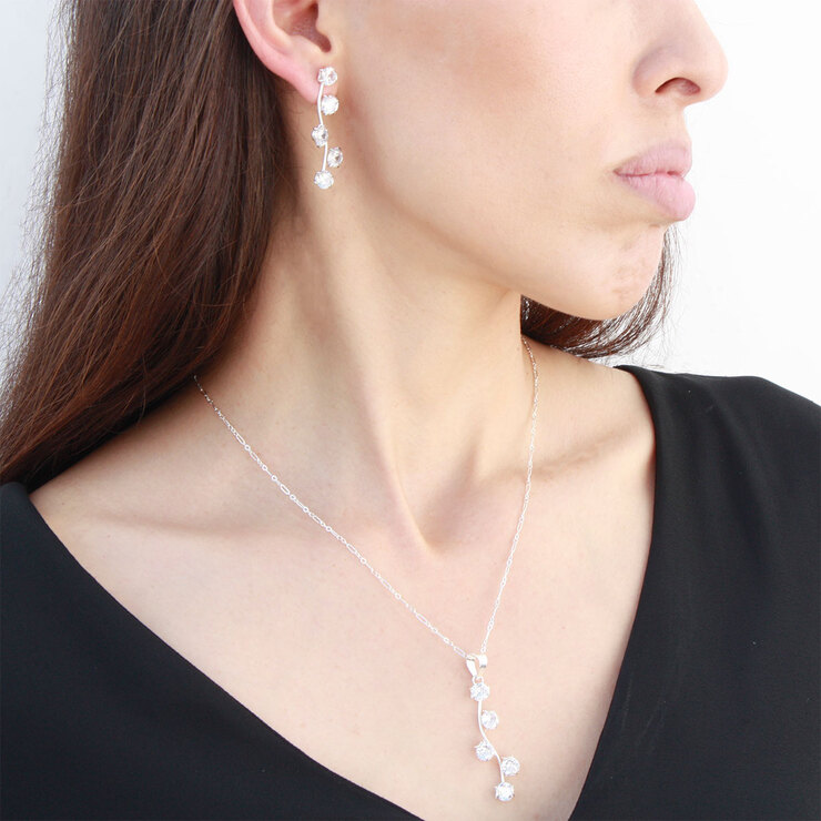 Juego de  Plata .925 con Cadena  con Dije en Fomar De Raíz y Aretes con Figura de Ramas con Cristal Blanco — Imagen 4 de 4