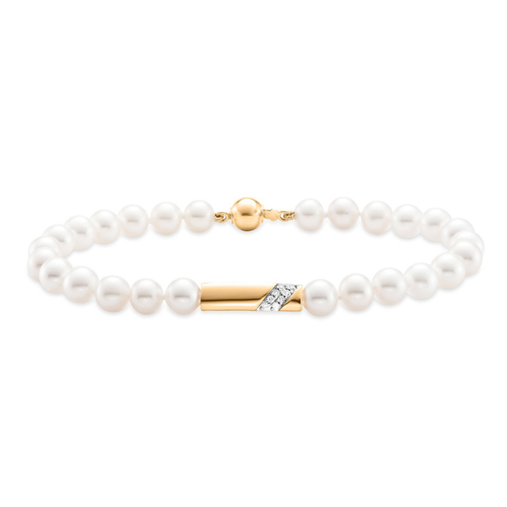 Pulsera de perlas 5.5-6mm, con diamantes  .055 ctw,  oro Amarillo de 14kt