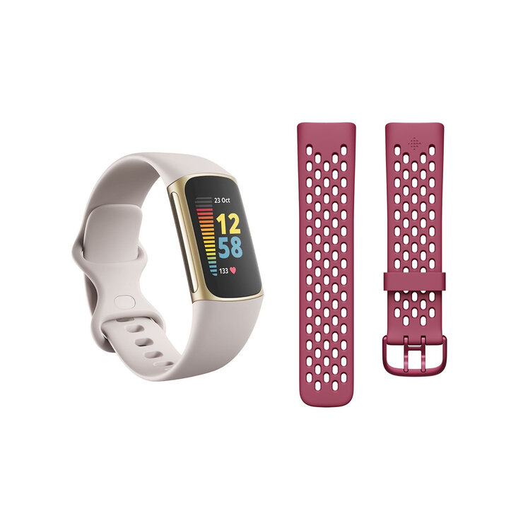 Fitbit Bundle Tracker Charge 5 Lunar White + Correa Deportiva Chica Black Cherry — Imagen 1 de 4