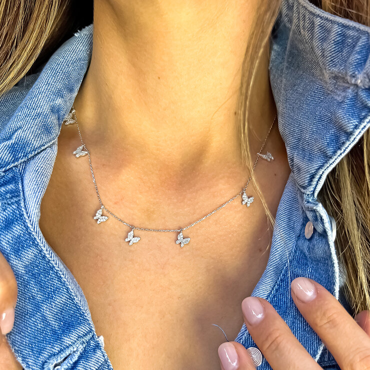 Avonza, Cadena de Plata  con Dijes Mariposas y Cristales Blancos — Imagen 2 de 2