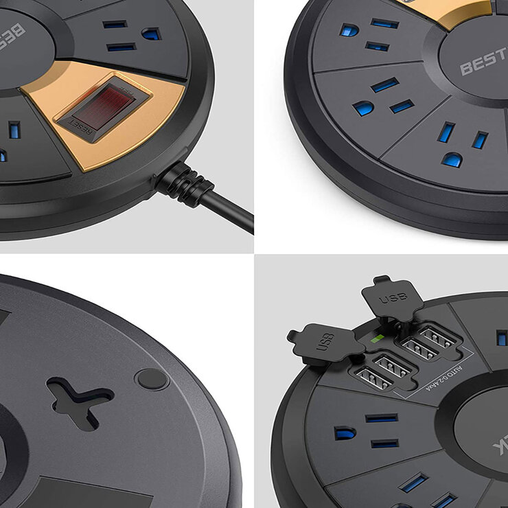 Bestek Supresor Multi-Contactos Circular Negro, 6 AC, 4 USB, 220 J De Protección — Imagen 3 de 4