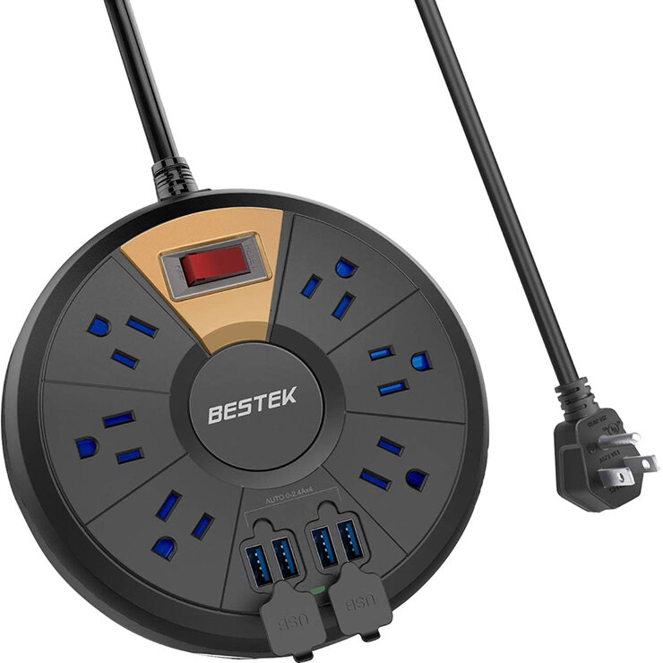 Bestek Supresor Multi-Contactos Circular Negro, 6 AC, 4 USB, 220 J De Protección — Imagen 1 de 4