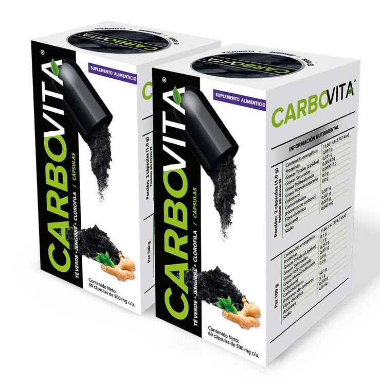 Carbovita, Carbón Activado, Jengibre, Té Verde y Clorofila 2 Frascos de 60 Cápsulas c/u — Imagen 2 de 4