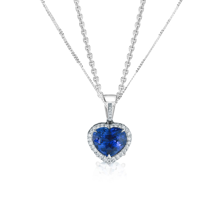 Collar de Zafiro Azul y Diamantes, Forma de Corazón, Oro Blanco de 18kt — Imagen 3 de 4