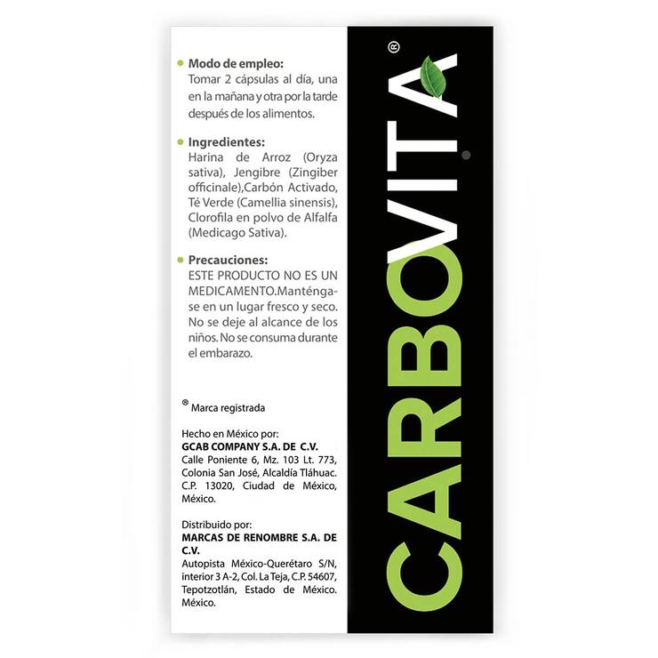 Carbovita, Carbón Activado, Jengibre, Té Verde y Clorofila 2 Frascos de 60 Cápsulas c/u — Imagen 3 de 4
