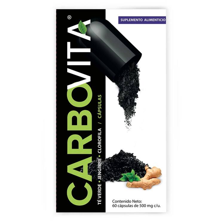 Carbovita, Carbón Activado, Jengibre, Té Verde y Clorofila 2 Frascos de 60 Cápsulas c/u — Imagen 1 de 4