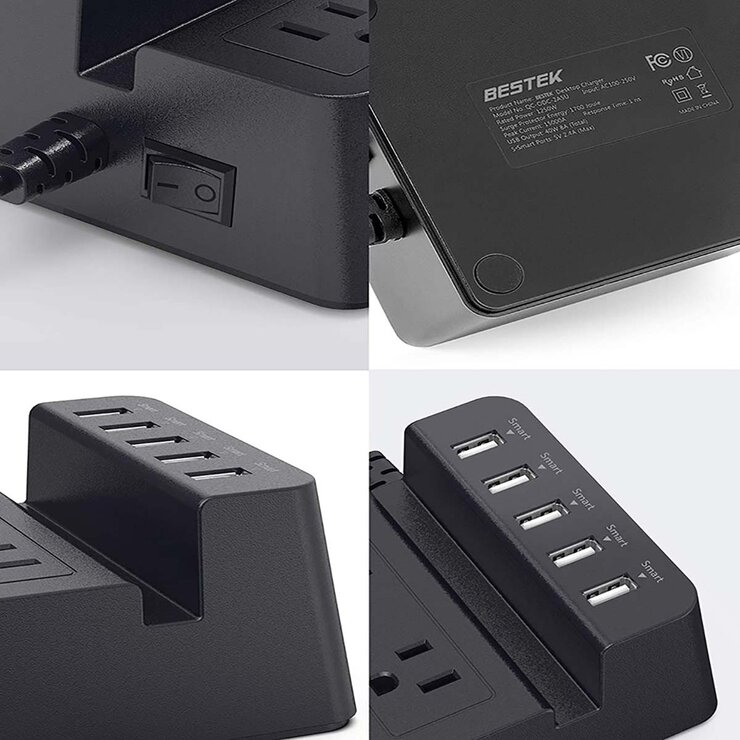 Bestek Supresor Multo-Contacto Tipo L Negro, 2 AC, 5 USB, Con Protección 1700 J — Imagen 3 de 4