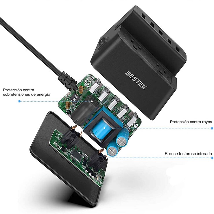 Bestek Supresor Multo-Contacto Tipo L Negro, 2 AC, 5 USB, Con Protección 1700 J — Imagen 4 de 4