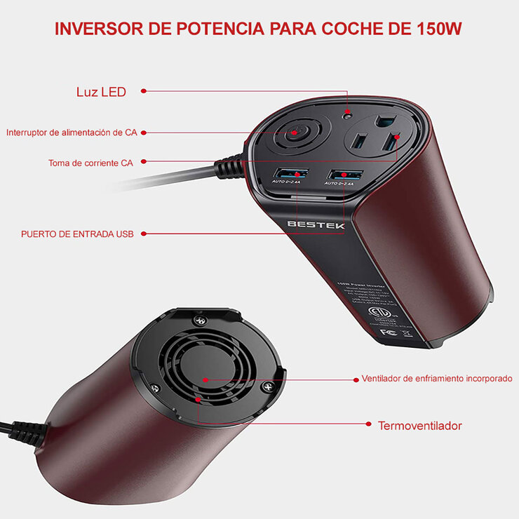 Bestek, Inversor de Corriente Porta Vasos 1 AC, 2 USB — Imagen 3 de 4