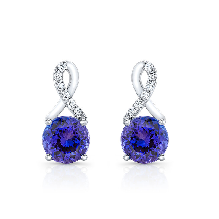 Aretes de Tanzanita 7mm y Diamantes (0.12ctw), Oro Blanco de 14K — Imagen 3 de 4