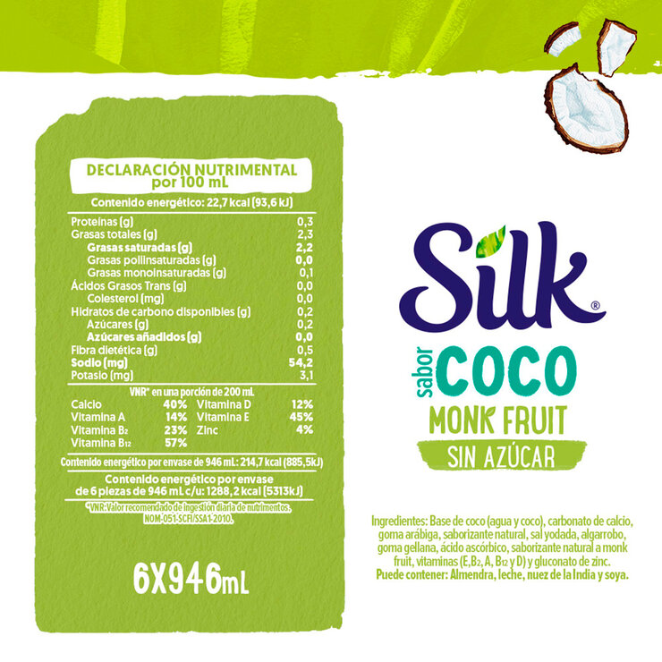 Silk Bebida de Coco Sin Azúcar Endulzada con Fruta del Monje 6 pzas de 946 ml — Imagen 2 de 2