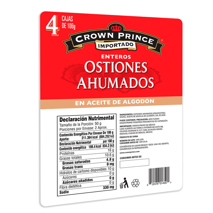 Crown Prince Ostiones Ahumados 4 piezas de 106 g — Imagen 2 de 4