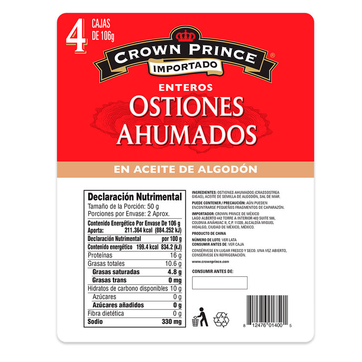 Crown Prince Ostiones Ahumados 4 piezas de 106 g — Imagen 3 de 4