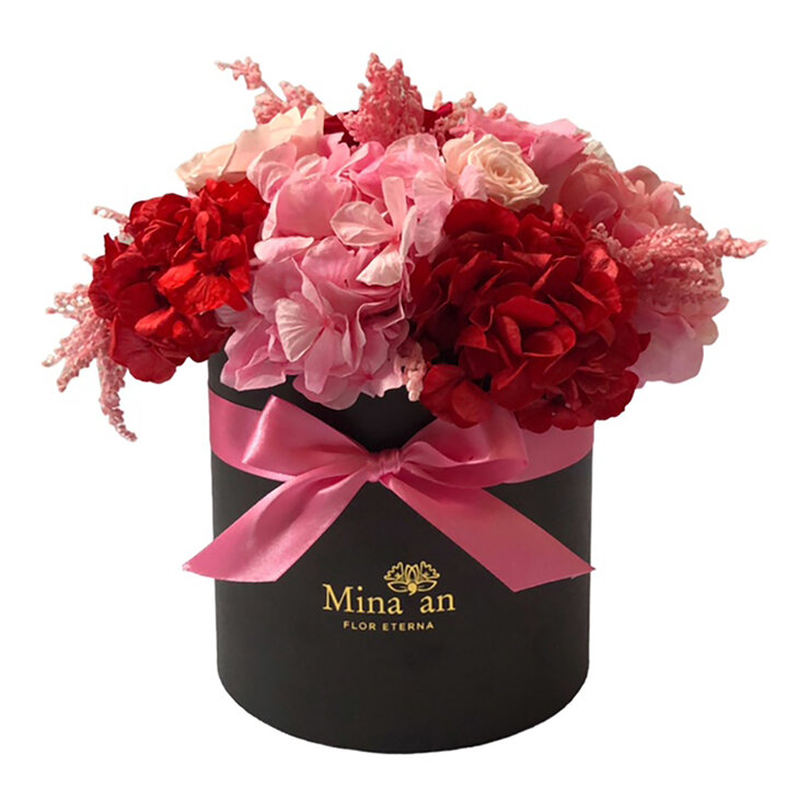 Mina'an Flor Eterna, Bouquet Con Flores Preservadas en Tonos Rosas y Caja Negra, Duración hasta 6 meses — Imagen 1 de 3