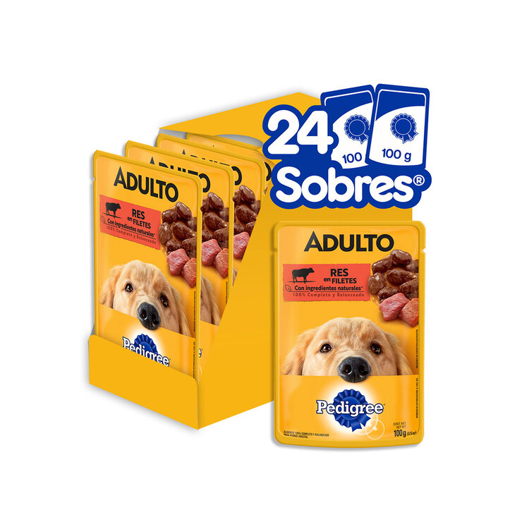 Pedigree Alimento Para Perros Adultos Razas Pequeñas, Sabor Res 100 gr, Paquete De 24 Sobres — Imagen 1 de 4