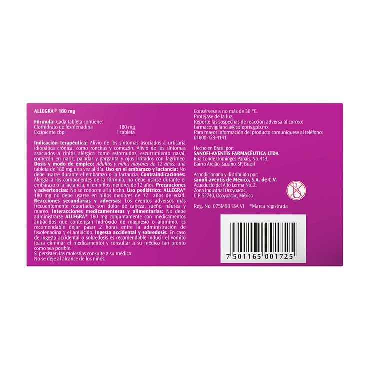 Allegra 180 mg  10 Tabletas — Imagen 3 de 3