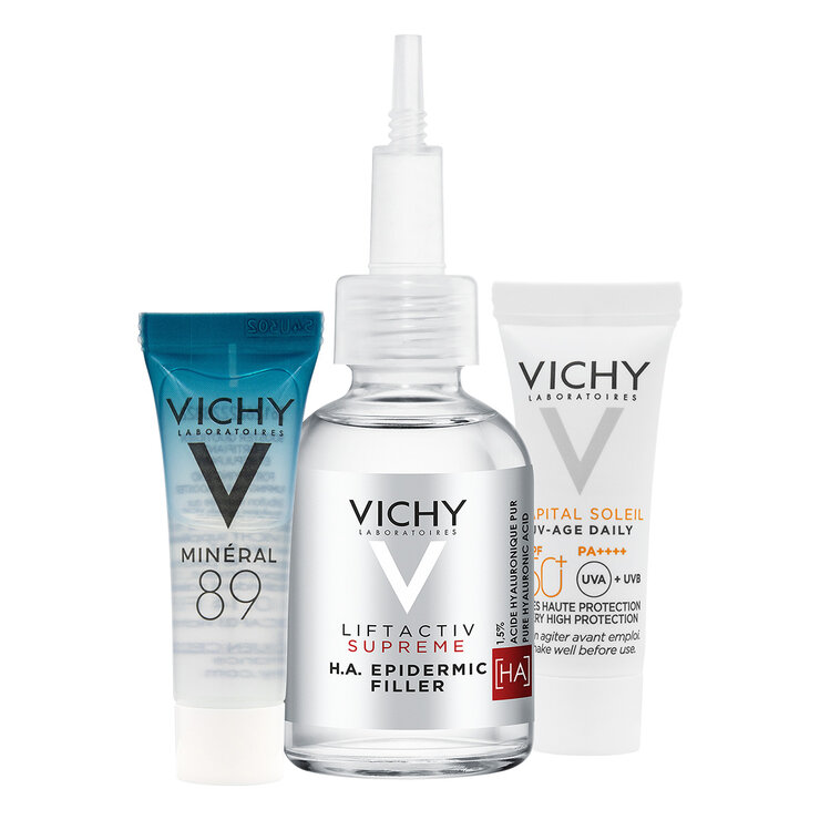 Kit Anti-Arrugas, Liftactiv Supreme H.A. Epidermic Filler 30ml + Suero Mineral 89 3ml + Capital Soleil UV - Age Daily FPS50+ 3ml — Imagen 1 de 4