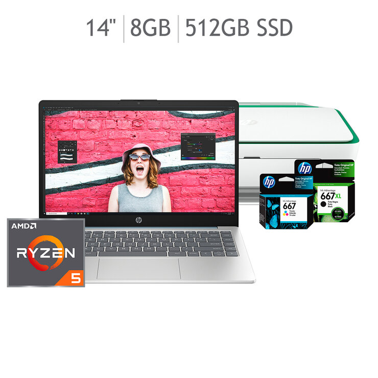 HP Laptop 14"  AMD Ryzen™ 5 7520U 8GB 512GB SSD + Impresora Ink Advantage 2375 — Imagen 1 de 4