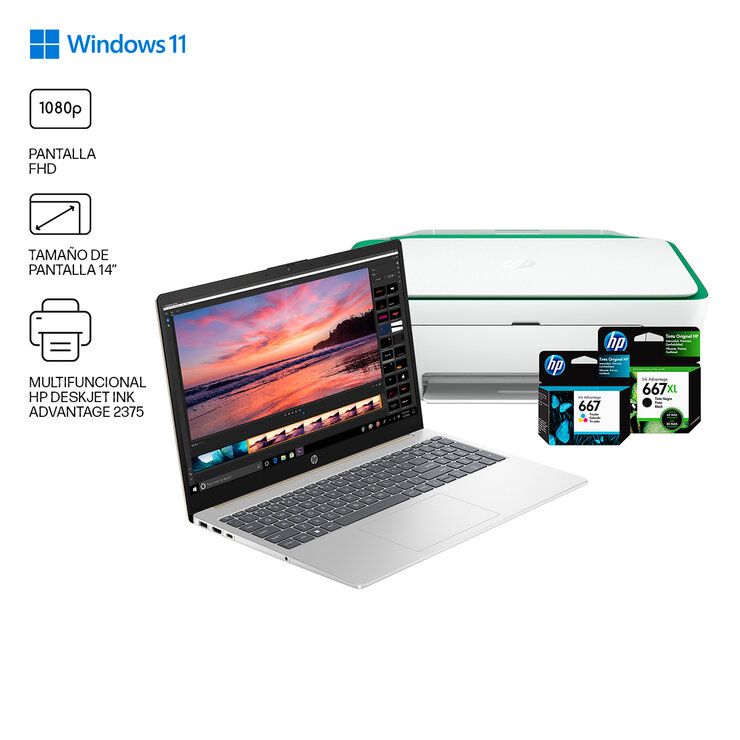 HP Laptop 14"  AMD Ryzen™ 5 7520U 8GB 512GB SSD + Impresora Ink Advantage 2375 — Imagen 4 de 4