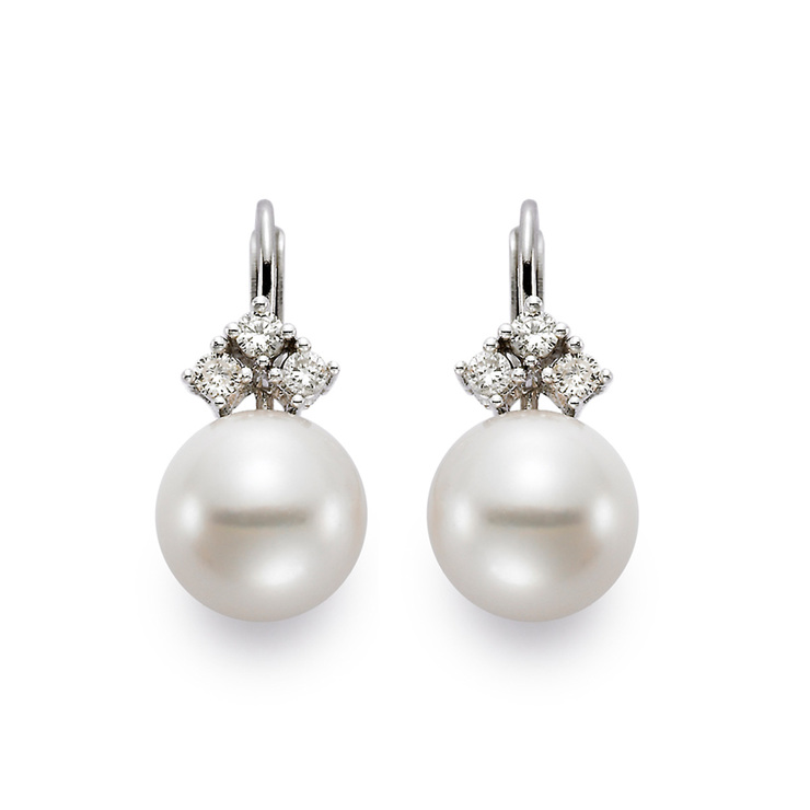 0.12ctw, Aretes de Perla con Diamante, 6.5-7mm, Oro Blanco de 14kt — Imagen 1 de 2