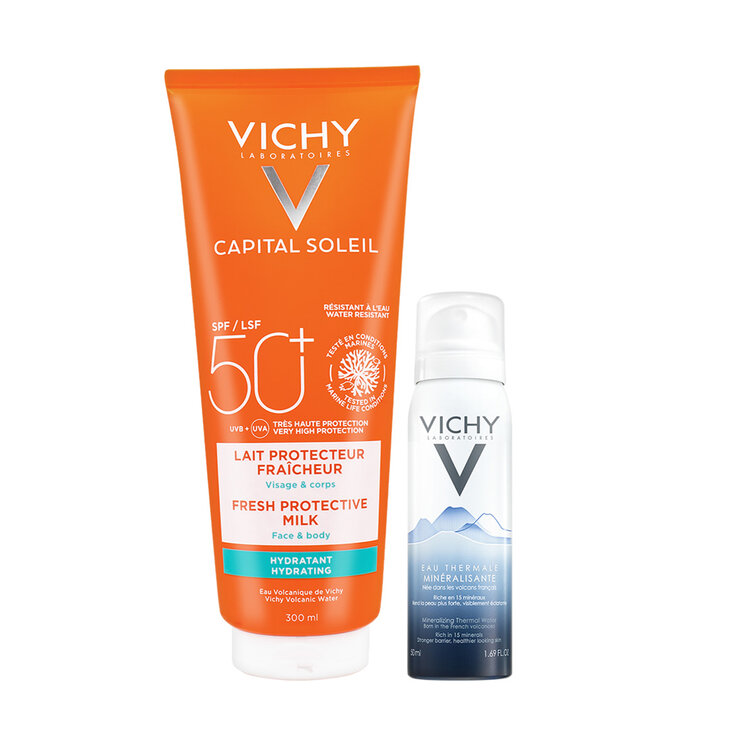 Pack Vichy Capital Soleil Protección Solar FPS 50+ Rostro y Cuerpo 300ml + Agua Termal Mineralizante 50ml — Imagen 1 de 3