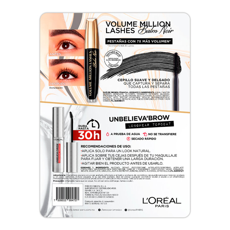 L'Oréal Mascara de Pestañas Balm Noir 2 pzas + Gel Fijador de Cejas  — Imagen 3 de 4